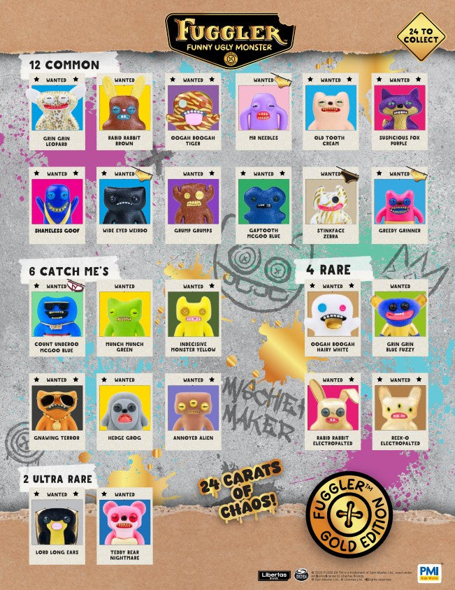Fuggler Funny Ugly Monster Gold Edition Series 3 collectible guide with various characters on a textured background.