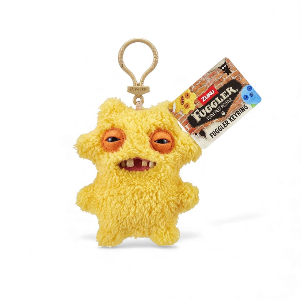 A product photo of the Fuggler Series 5 Sir Nobbynuts Keyring, a 5-inch yellow plush clip with a unique nobbly texture and human-like teeth.
