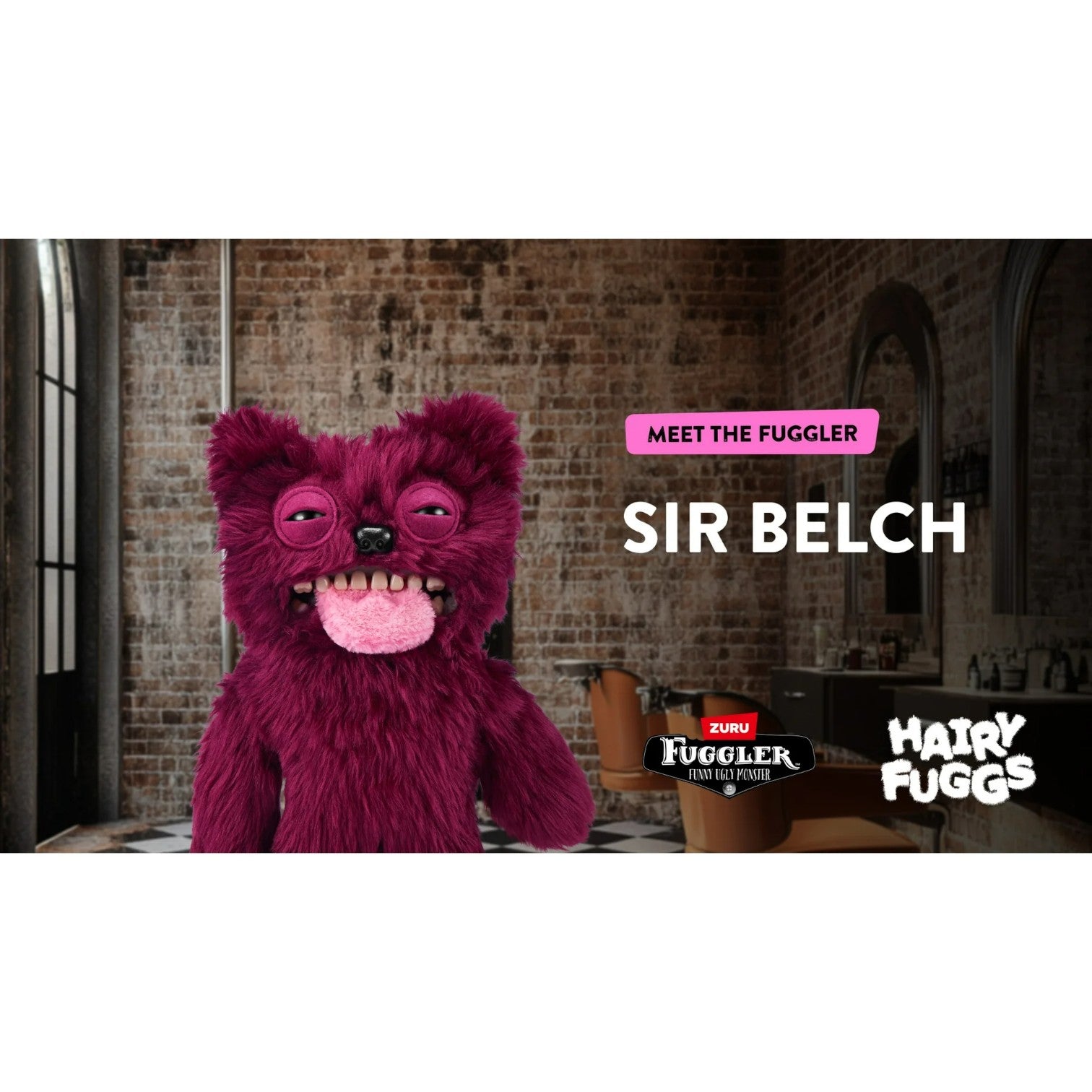 Hairy Fuggs Sir Belch Fuggler plush with red hair and quirky moustache marketing by Zuru