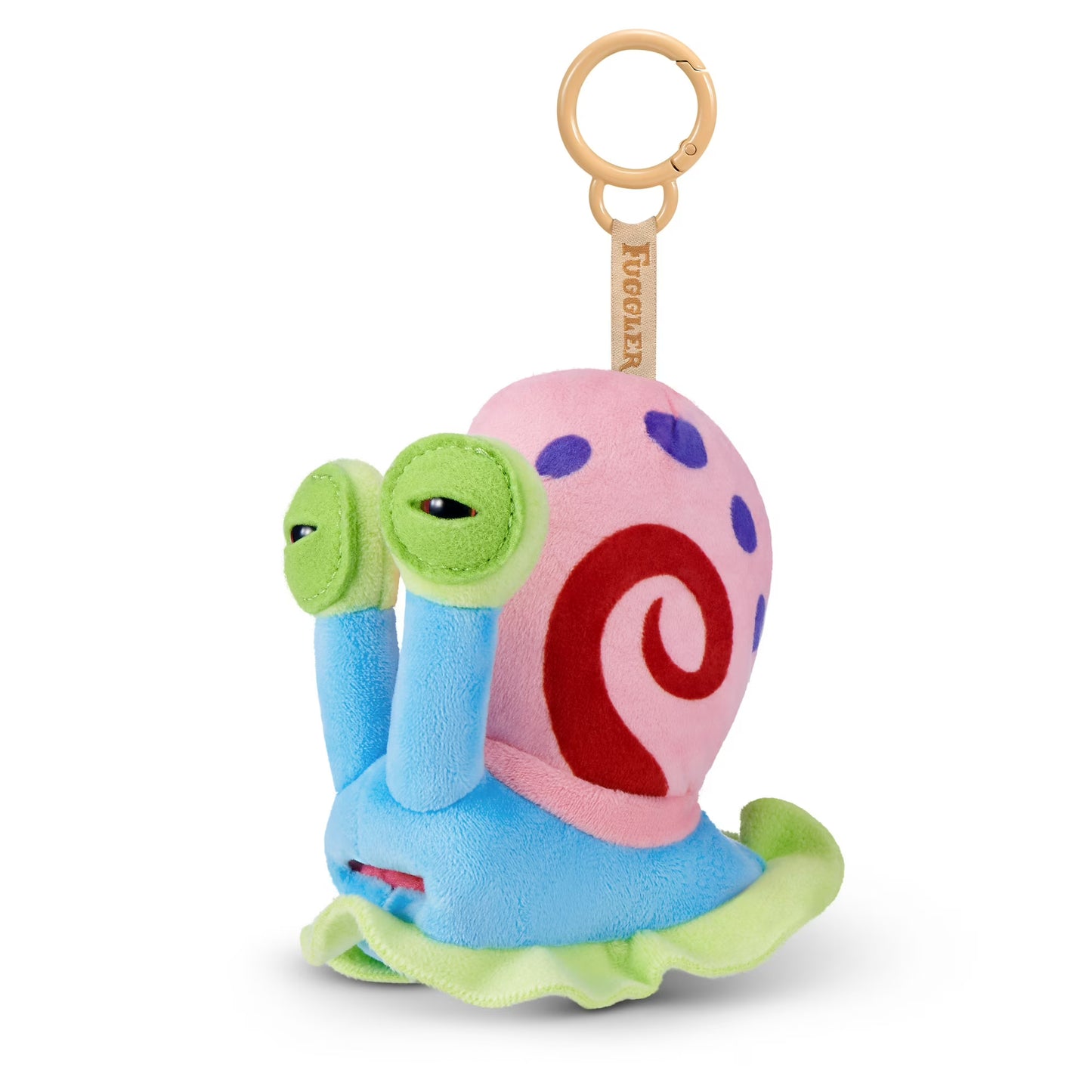 Fuggler SpongeBob SquarePants Gary 5-inch plush keyring featuring a funny ugly monster face with human-like teeth, a pink shell with a red swirl, a blue body, and a sturdy bag clip.