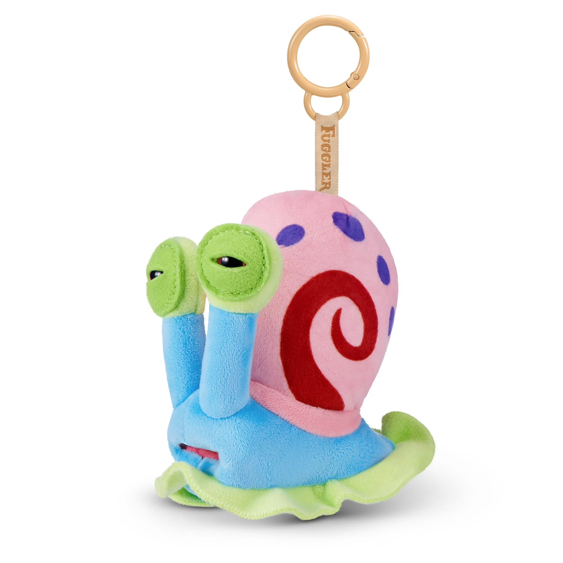 Fuggler SpongeBob SquarePants Gary 5-inch plush keyring featuring a funny ugly monster face with human-like teeth, a pink shell with a red swirl, a blue body, and a sturdy bag clip.