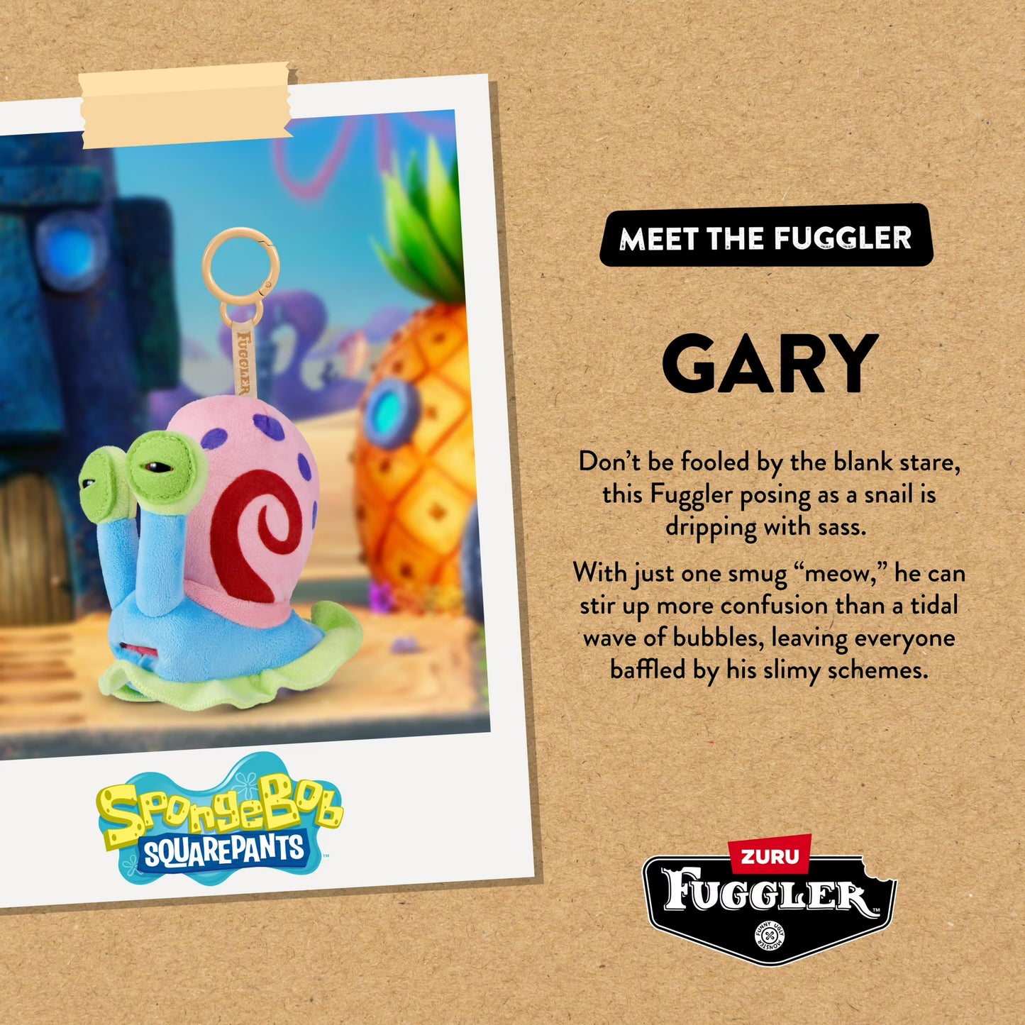 Fuggler toy with a snail design on a cardboard background, featuring SpongeBob SquarePants branding.