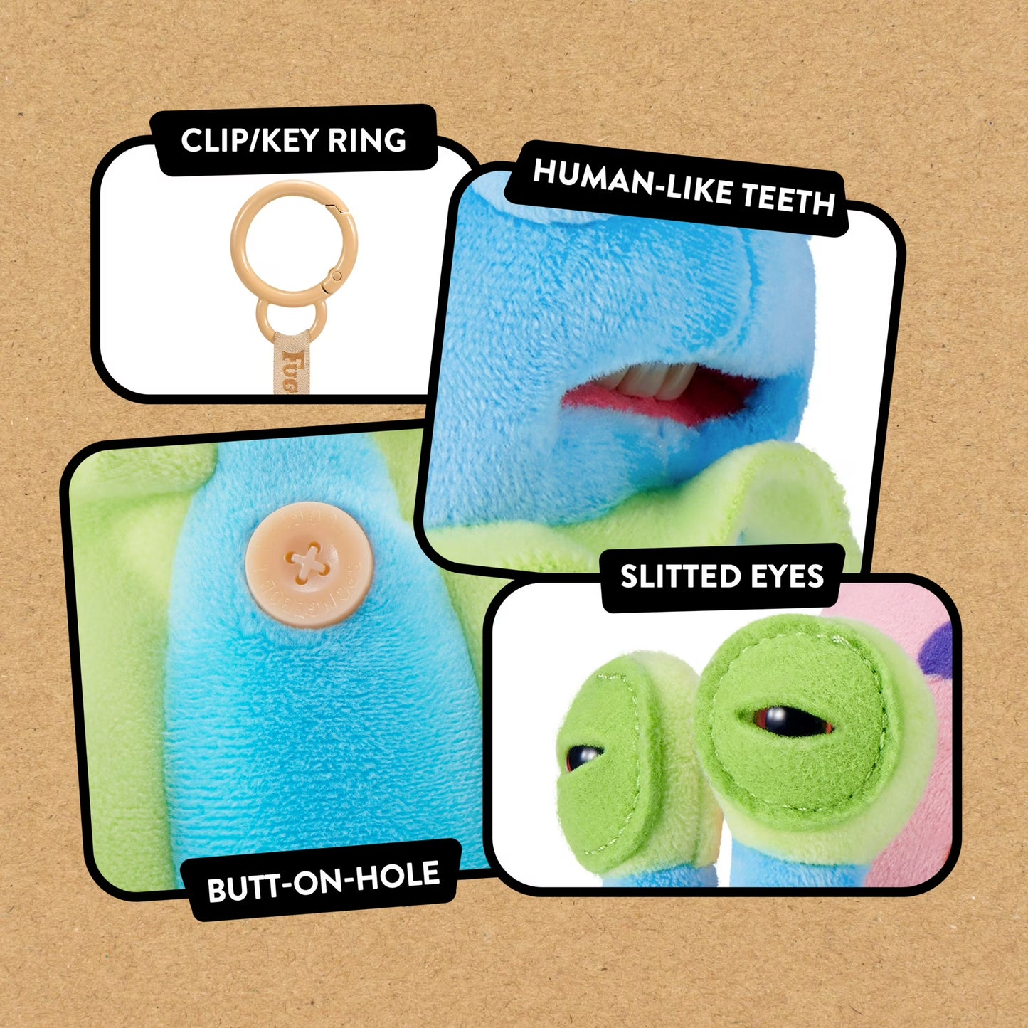 Product with features labeled on a brown background