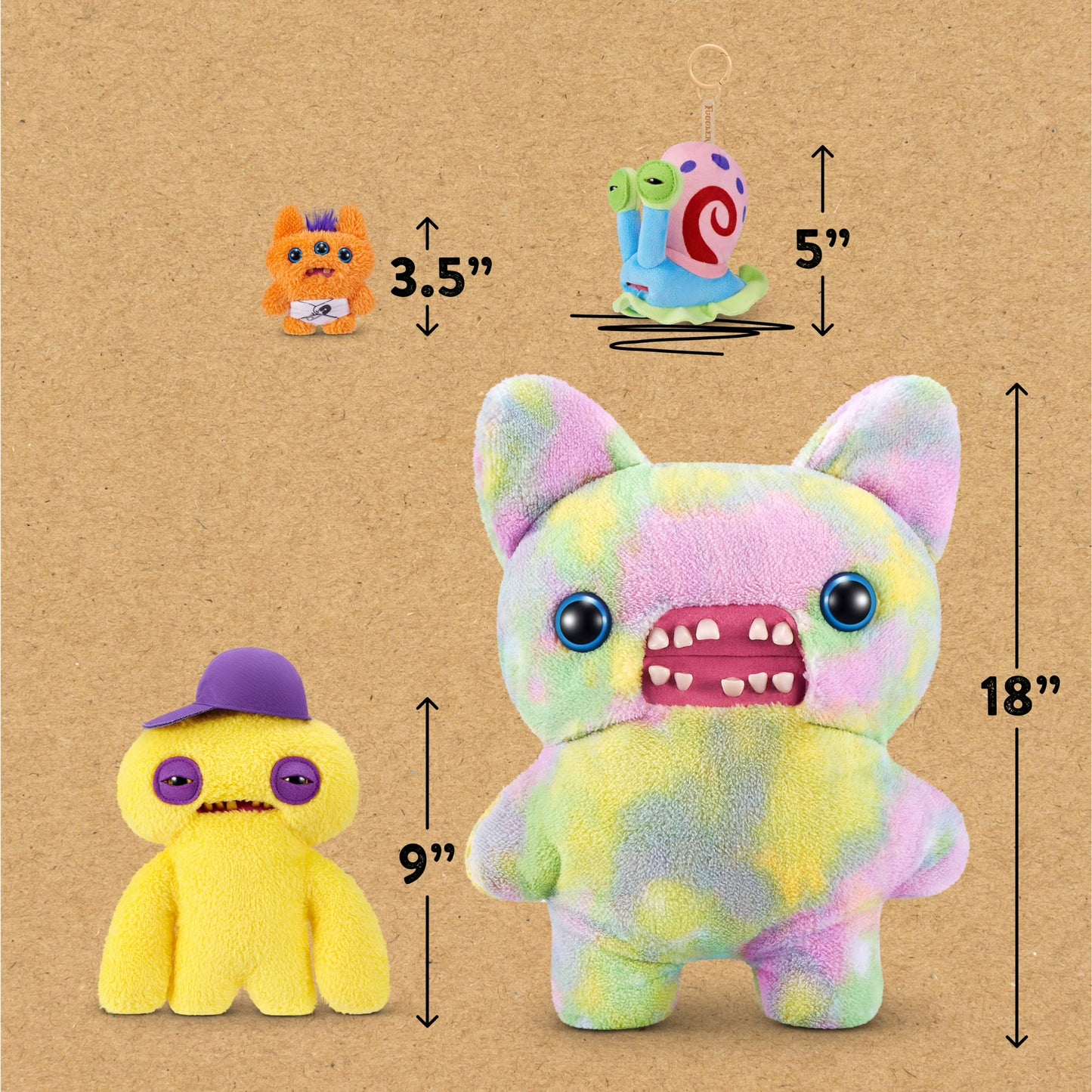 Set of colorful plush toys with measurements on a brown background