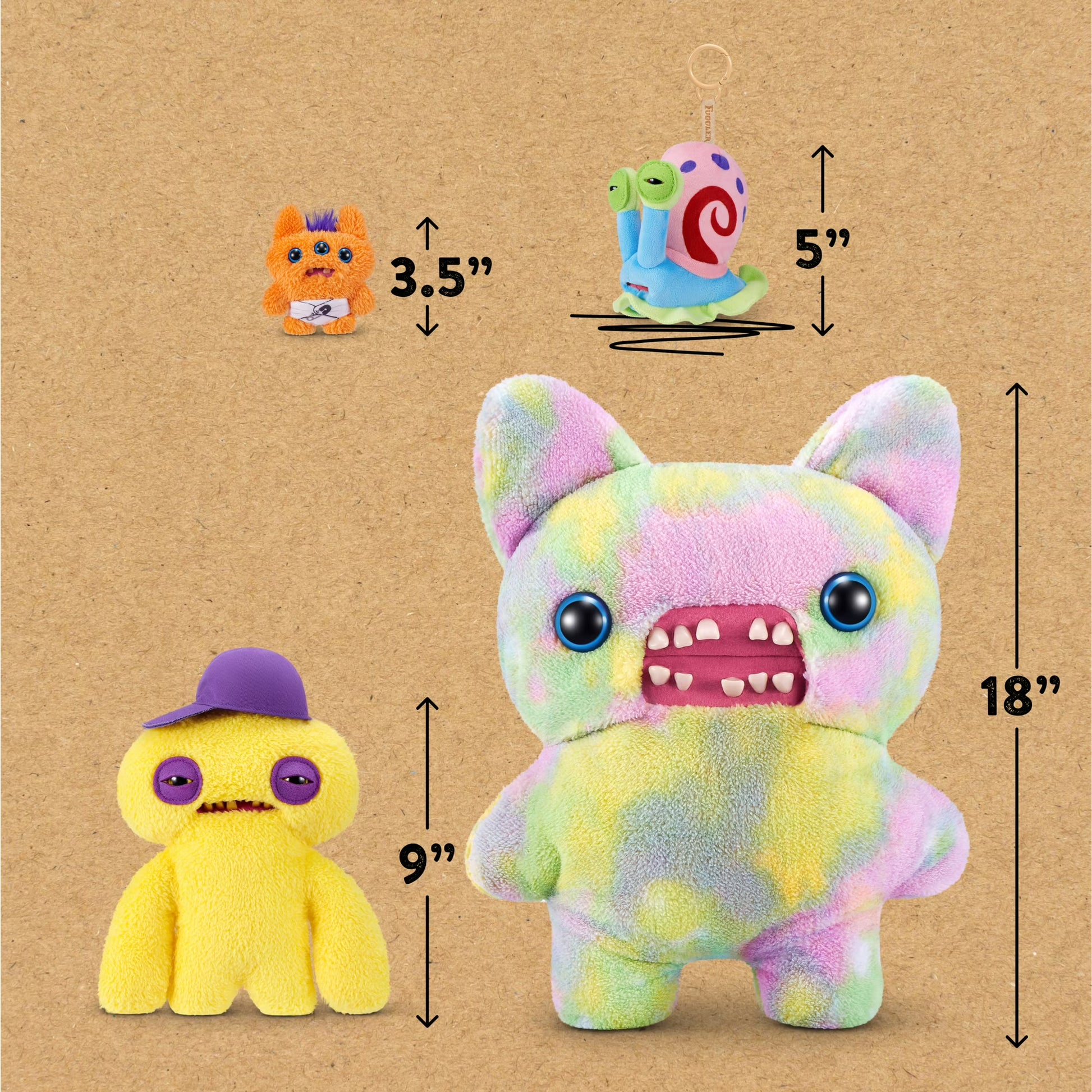 Set of colorful plush toys with measurements on a brown background