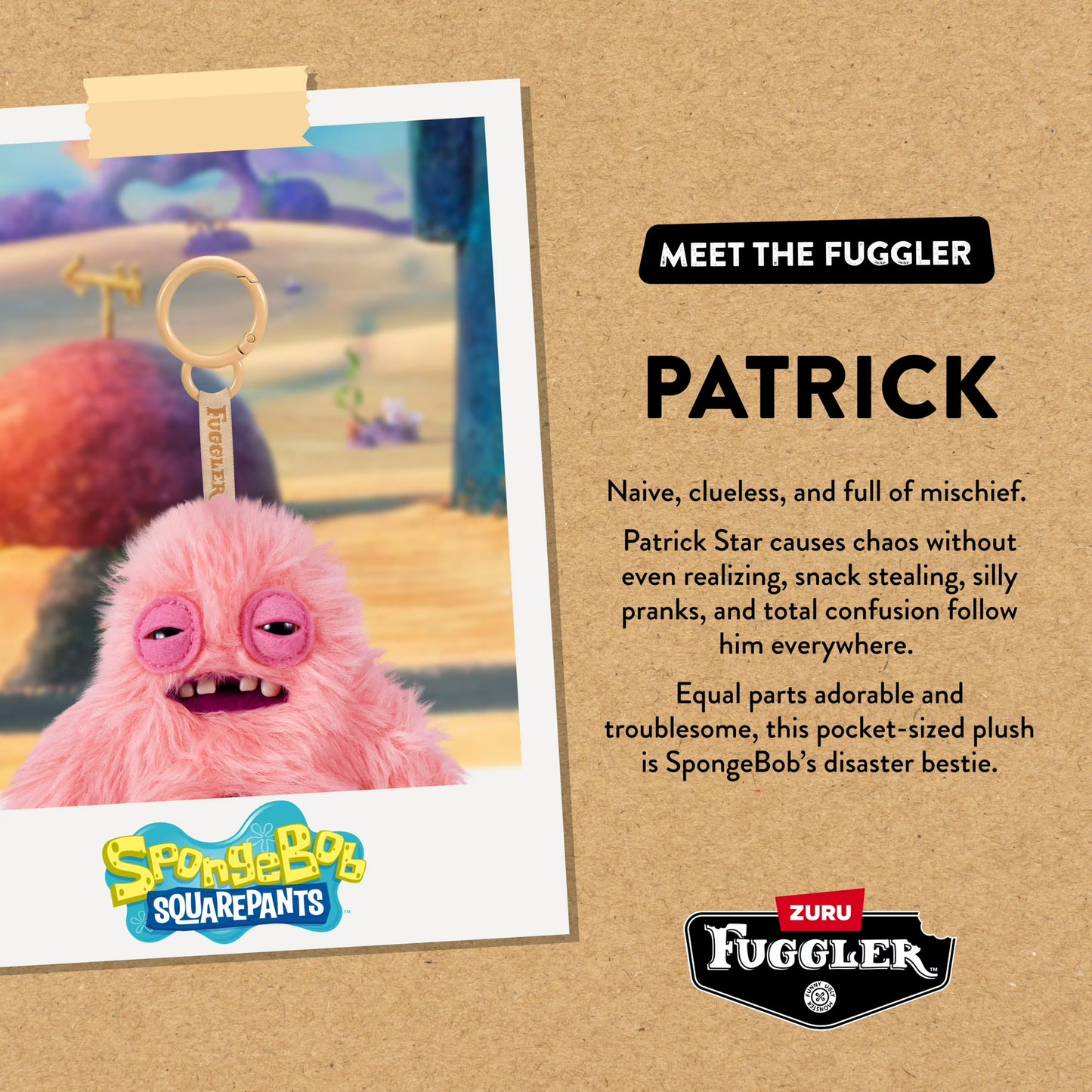 Fuggler Patrick plush toy with promotional text on a brown background