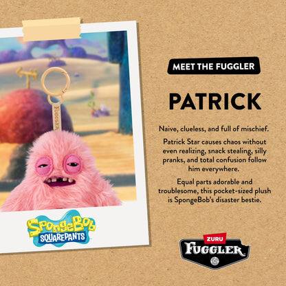 Fuggler Patrick plush toy with promotional text on a brown background