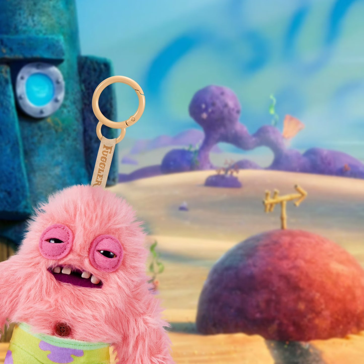 Pink fluffy creature with a keychain in a colorful, animated landscape