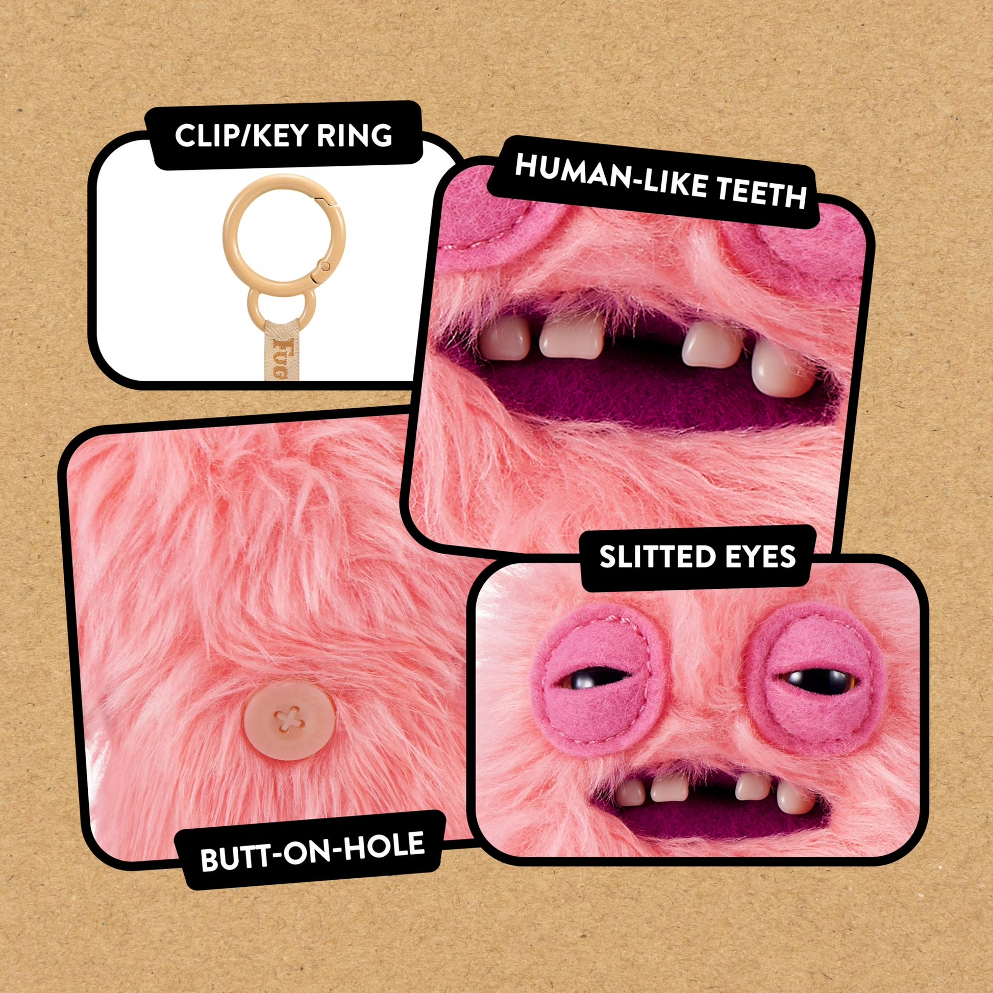 Pink monster-themed product with labeled features on a brown background