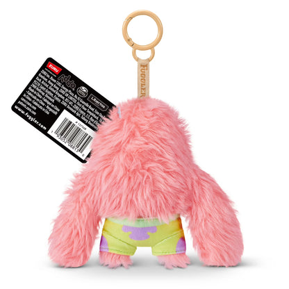 Fuggler SpongeBob SquarePants Patrick 5-inch plush keyring featuring a funny ugly monster face with human-like teeth, a fuzzy pink plush body, and a sturdy bag clip.