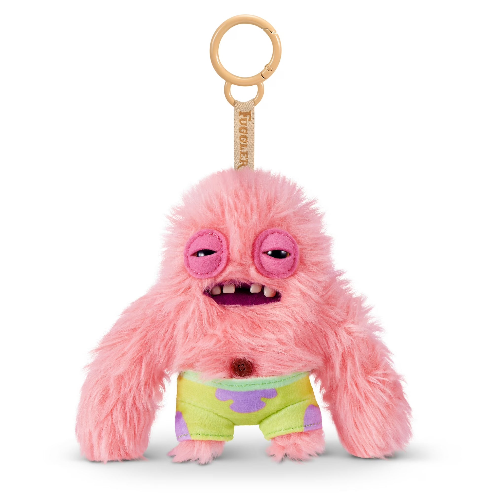 Fuggler SpongeBob SquarePants Patrick 5-inch plush keyring featuring a funny ugly monster face with human-like teeth, a fuzzy pink plush body, and a sturdy bag clip.