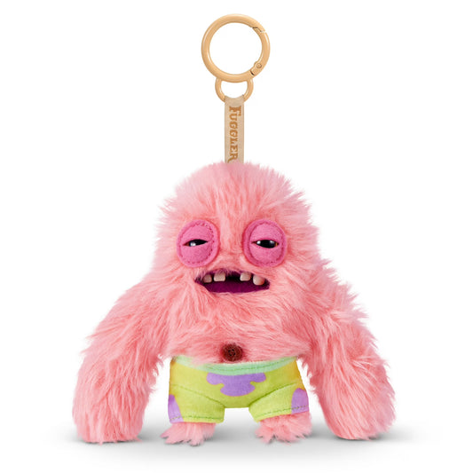 Fuggler SpongeBob SquarePants Patrick 5-inch plush keyring featuring a funny ugly monster face with human-like teeth, a fuzzy pink plush body, and a sturdy bag clip.