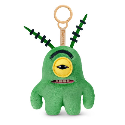 Fuggler SpongeBob SquarePants Sheldon Plankton 5-inch plush keyring featuring a funny ugly monster face with human-like teeth, one single yellow eye, a green plush body with antennae, and a sturdy bag clip.