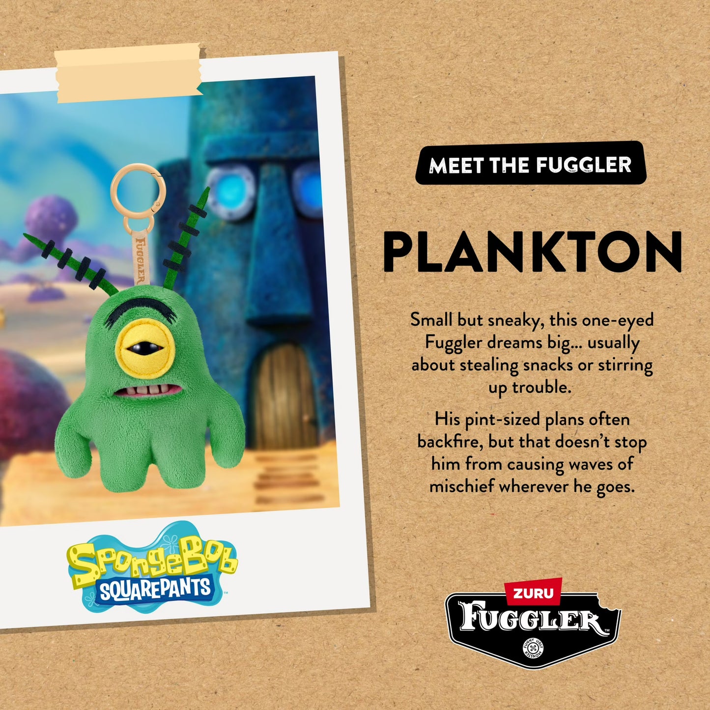 Fuggler Plankton toy with description and branding on a brown background
