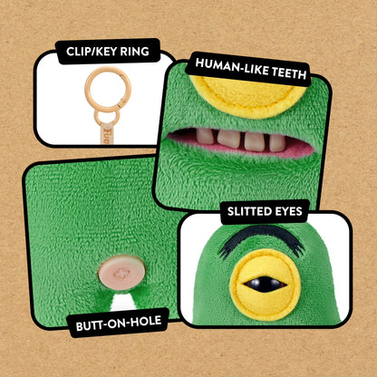 Green plush toy with facial features and text labels on a brown background