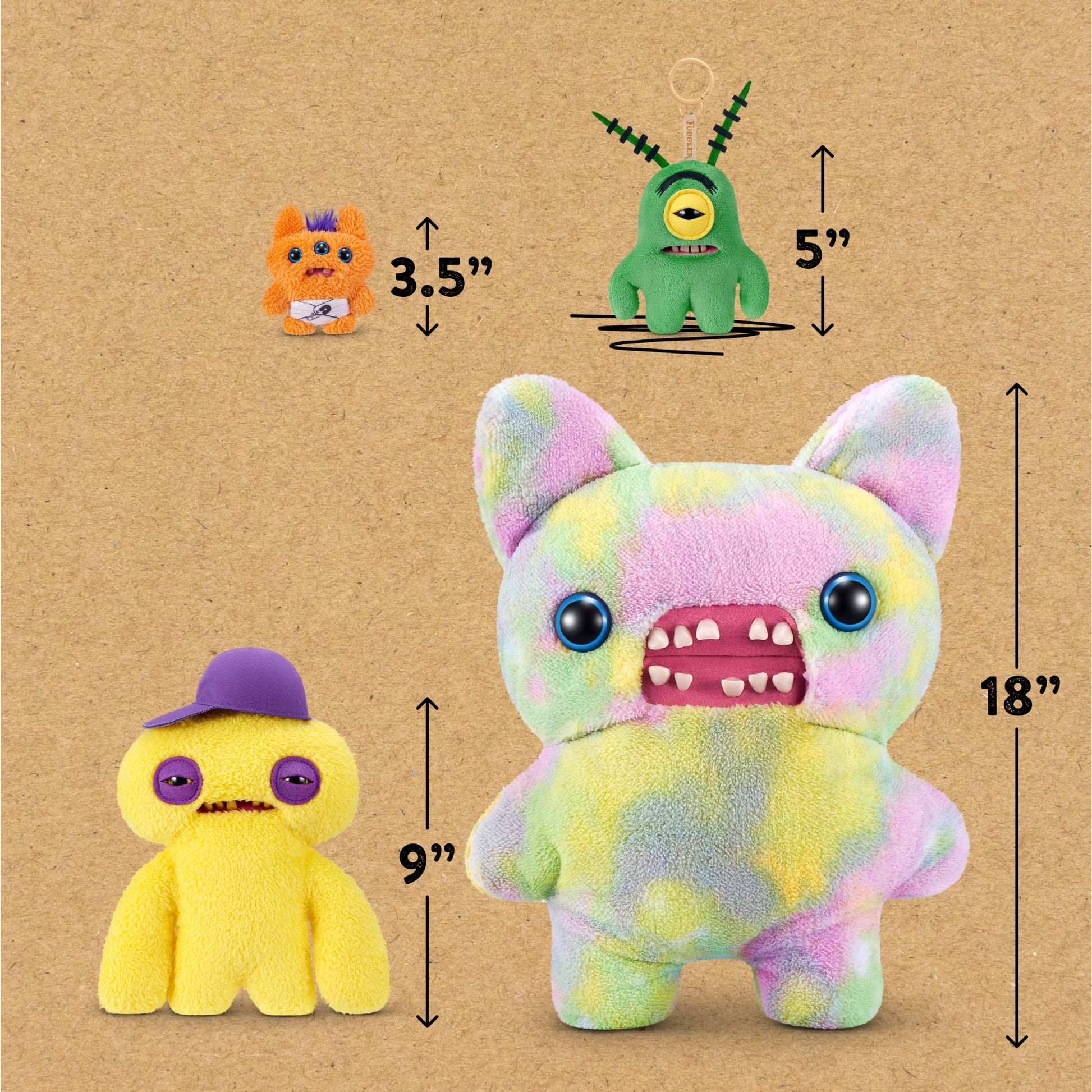 Four plush toys with measurements on a brown background