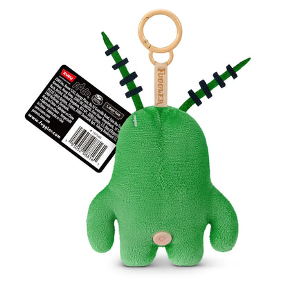 Fuggler SpongeBob SquarePants Sheldon Plankton 5-inch plush keyring featuring a funny ugly monster face with human-like teeth, one single yellow eye, a green plush body with antennae, and a sturdy bag clip.