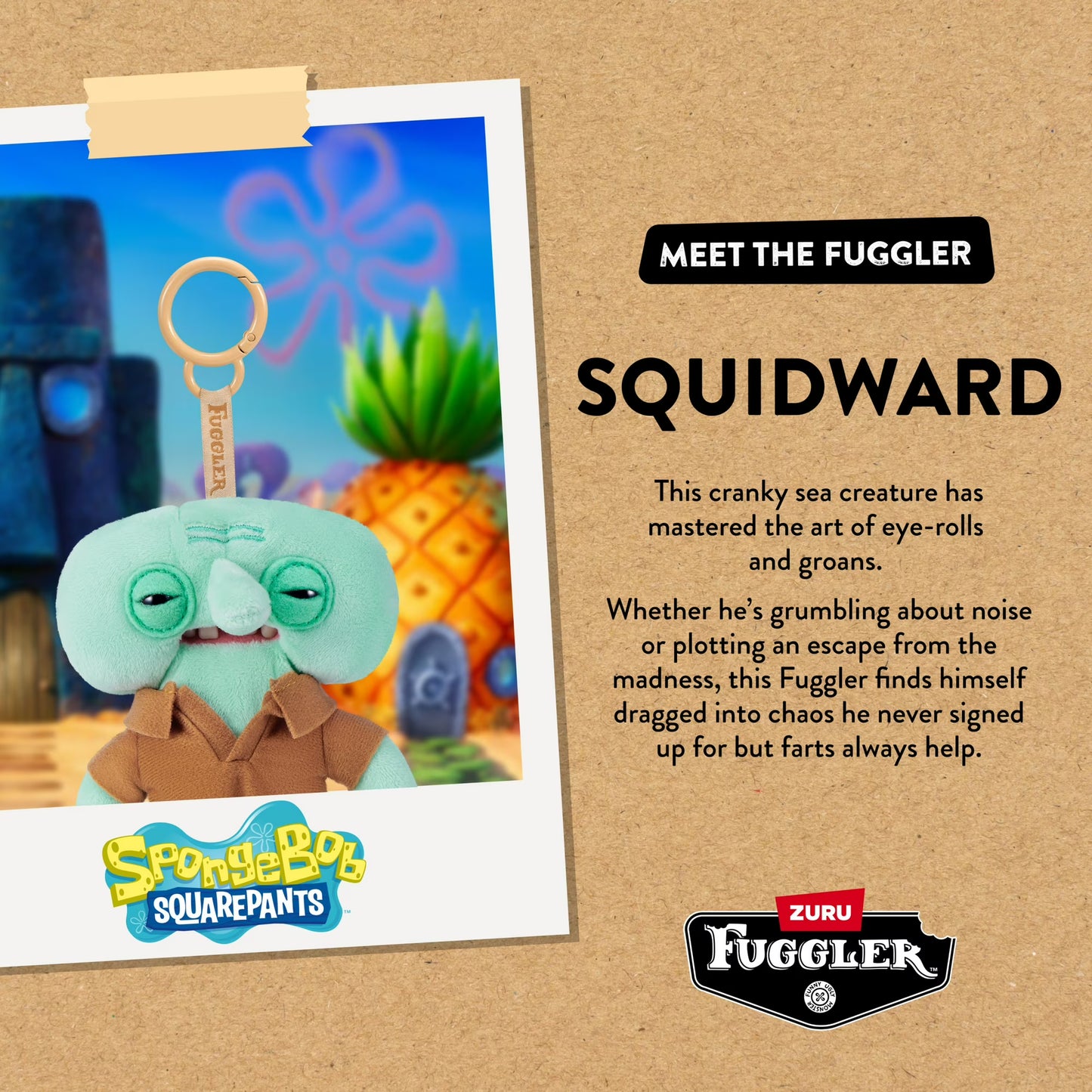 Fuggler Squidward toy with promotional text and branding on a cardboard background
