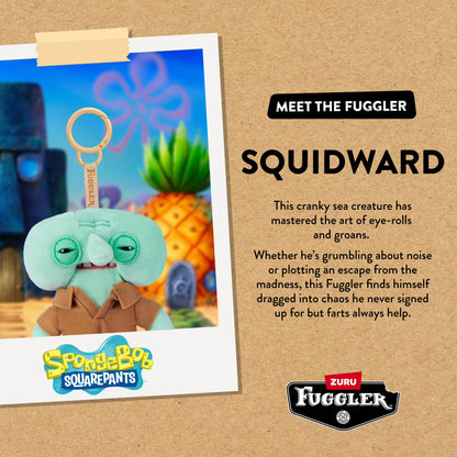 Fuggler Squidward toy with promotional text and branding on a cardboard background