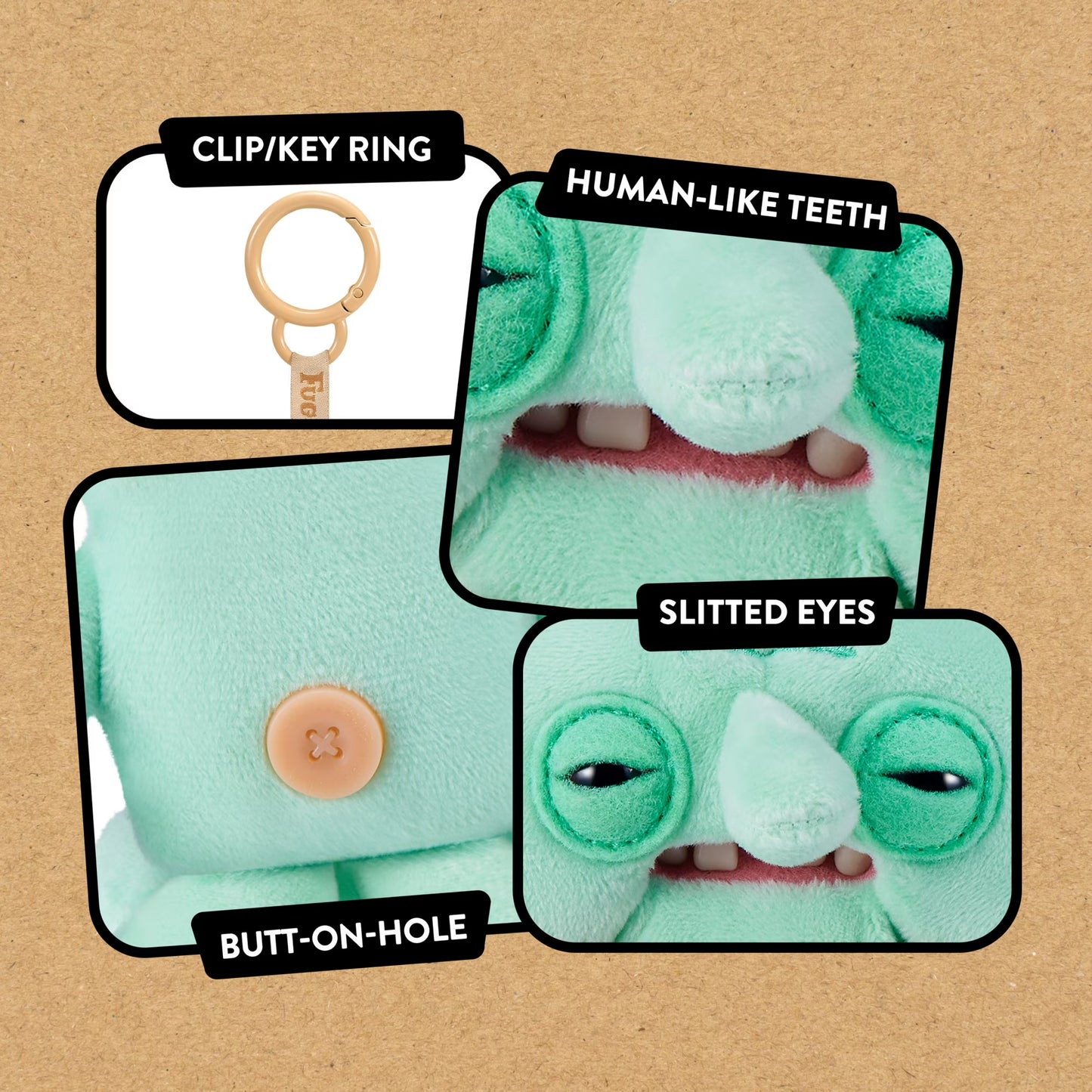 Green plush toy with text labels on a brown background