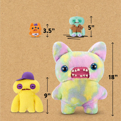 Four plush toys with measurements on a brown background