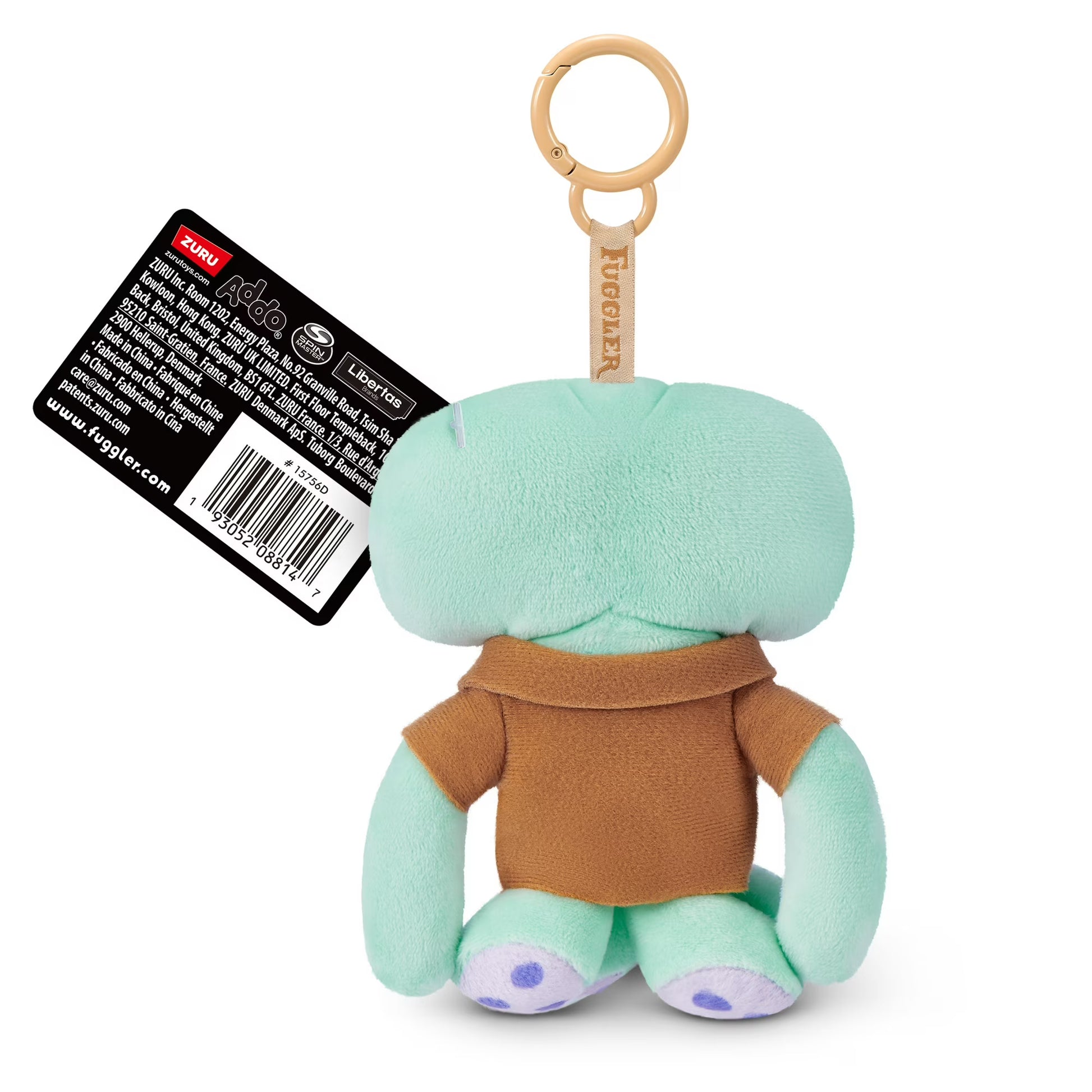 Fuggler SpongeBob SquarePants Squidward 5-inch plush keyring featuring a funny ugly monster face with human-like teeth, a teal plush body, a brown shirt, and a sturdy bag clip.