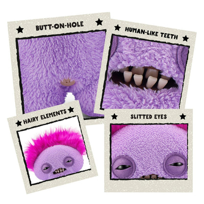 Hairy Fuggs Squidge Fuggler plush with purple hue and pink mohawk close up