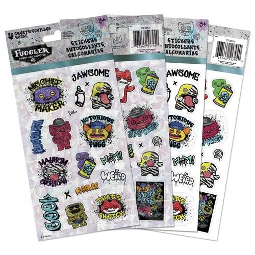 Four sheets of officially licensed Fuggler stickers by Sandylion featuring weird monsters and holographic finishes.