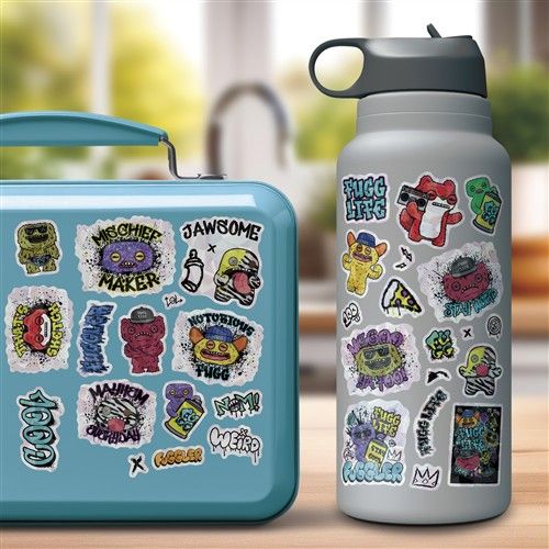 Lunch box and water bottle with colorful stickers on a blurred background