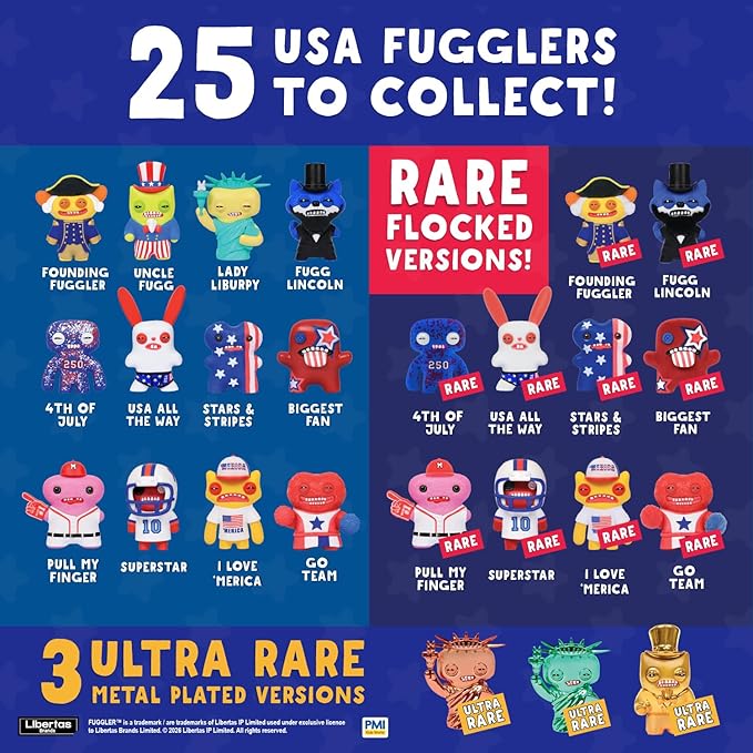 Collection of USA Fugglers toys with promotional text on a blue background
