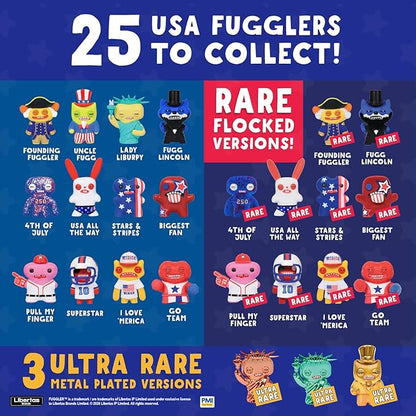 Collection of USA Fugglers toys with promotional text on a blue background