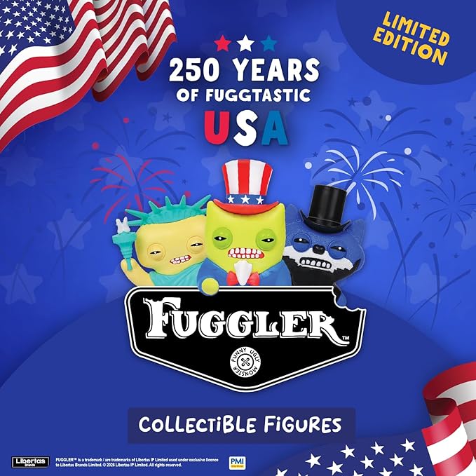 Promotional graphic for Fuggler collectible figures celebrating 250 years of Fuggtastic USA with American flag and fireworks.