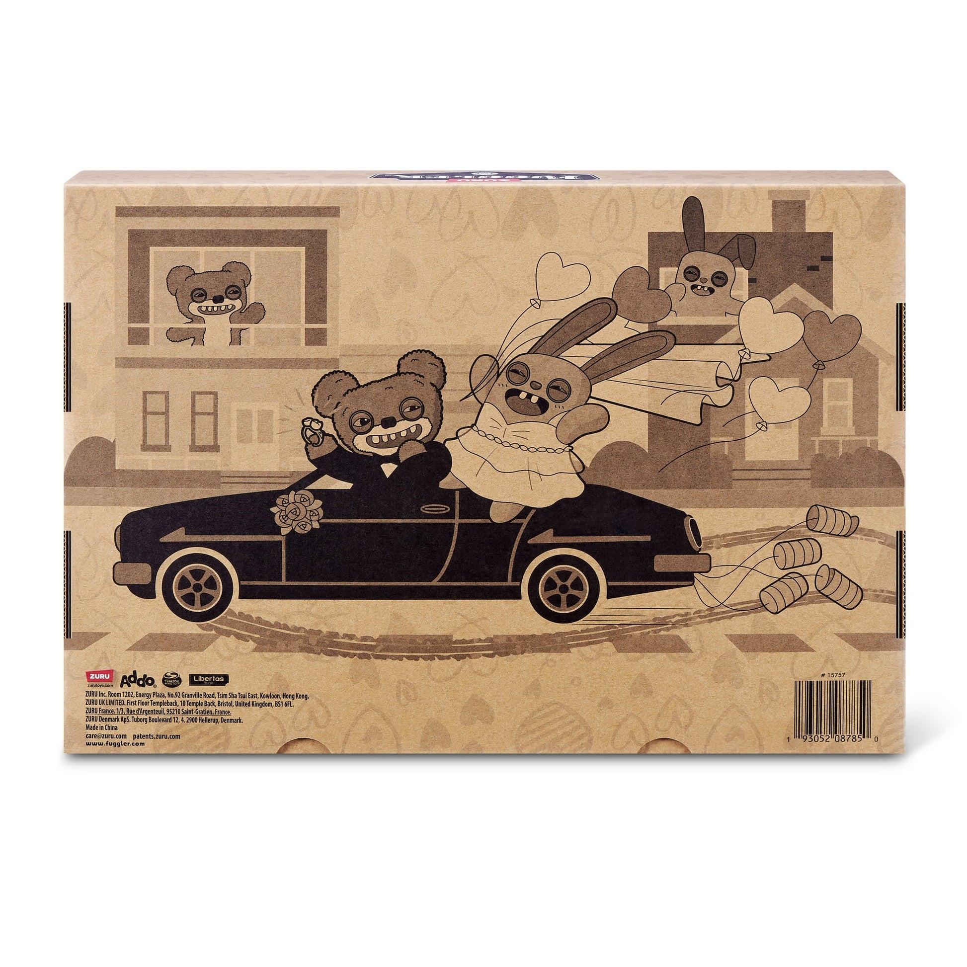 Back of display box for Fuggler Wedding Fuggs 2-Pack featuring green Rabid Rabbit bride in dress and brown Teddy Bear Nightmare groom in tuxedo with tooth ring.