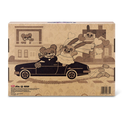 Back of display box for Fuggler Wedding Fuggs 2-Pack featuring green Rabid Rabbit bride in dress and brown Teddy Bear Nightmare groom in tuxedo with tooth ring.