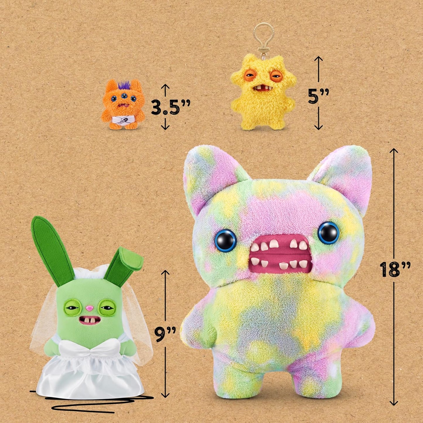 Four colorful plush toys with measurements on a brown background