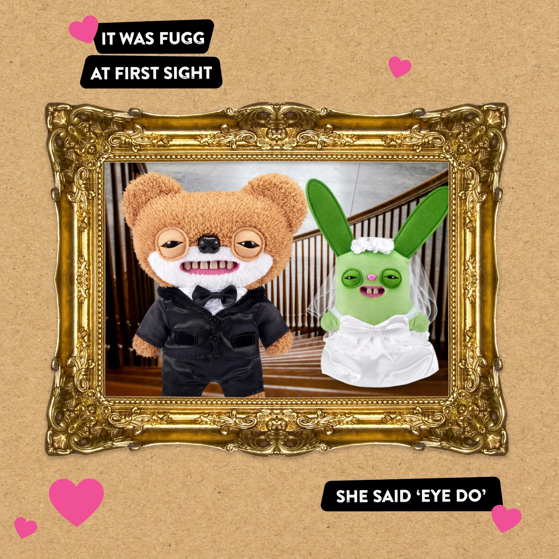 Fuggler Wedding Fuggs 2-Pack featuring green Rabid Rabbit bride in dress and brown Teddy Bear Nightmare groom in tuxedo in a gold picture frame with text reading "It was Fugg at frist sight," and "She said 'eye do'."