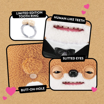 Close up of features for Fuggler Wedding Fuggs Teddy Bear Nightmare groom in tuxedo.