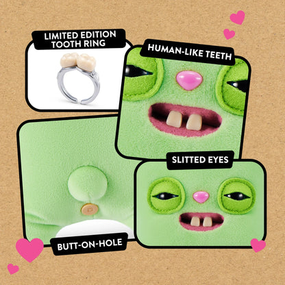 Close up of features for Fuggler Wedding Fuggs green Rabid Rabbit bride in dress.