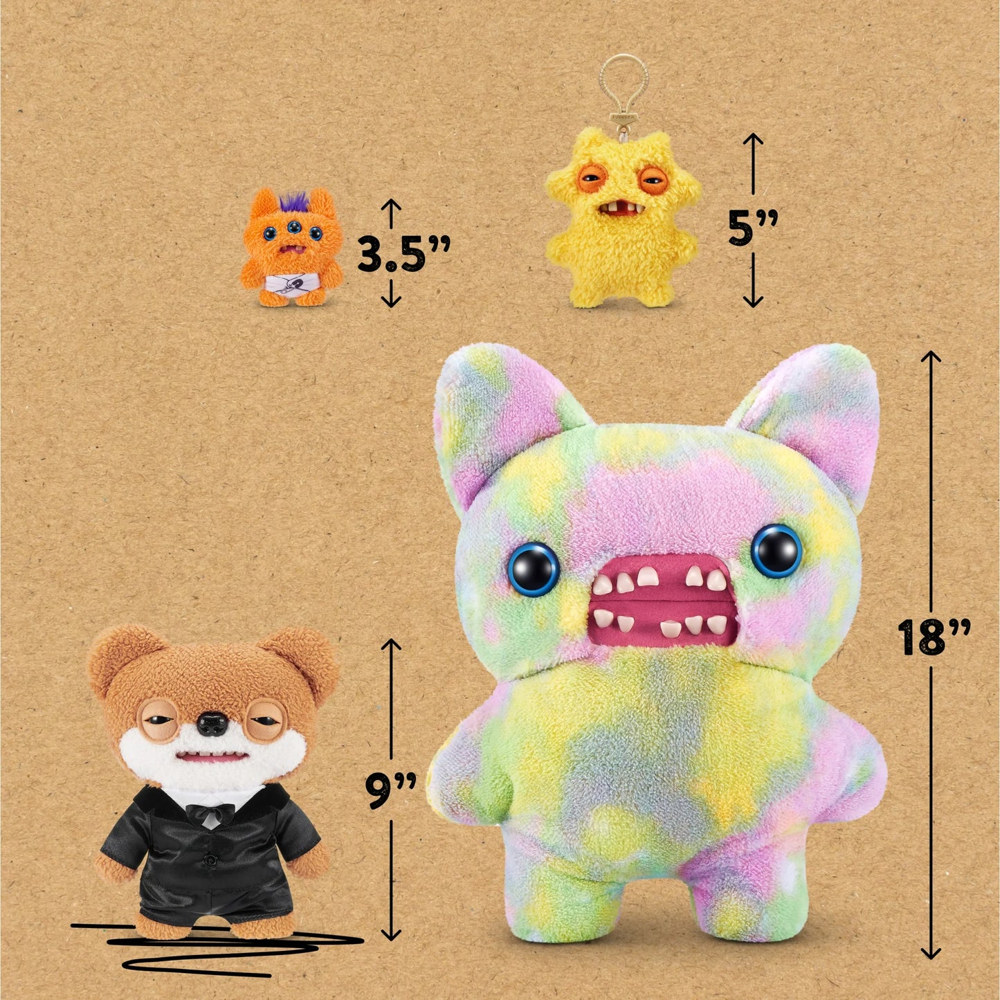 Four plush toys with measurements on a brown background