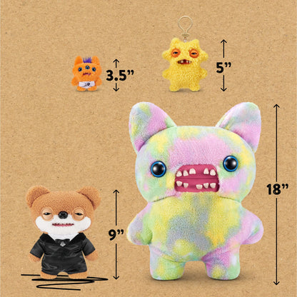 Four plush toys with measurements on a brown background