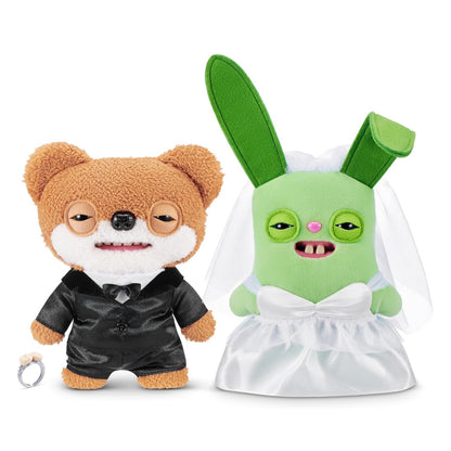 Fuggler Wedding Fuggs 2-Pack featuring green Rabid Rabbit bride in dress and brown Teddy Bear Nightmare groom in tuxedo with tooth ring.