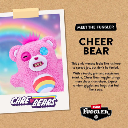 Fuggler x Care Bears Cheer Bear plush card, labeled 'Cheer Bear' from Care Bears with text about the character, on a brown background.