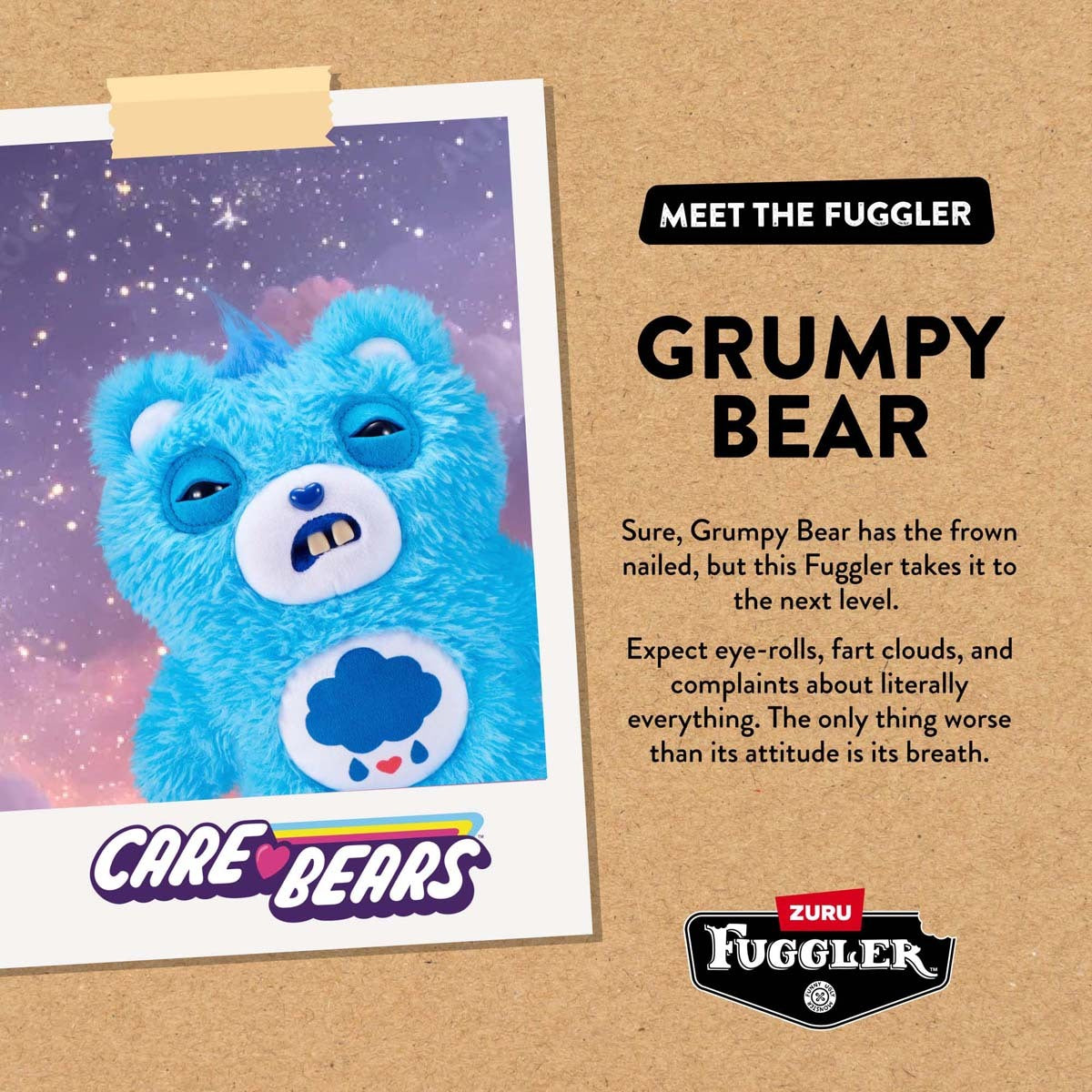 Card featuring Fuggler x Care Bears Grumpy Bear plush character details. 