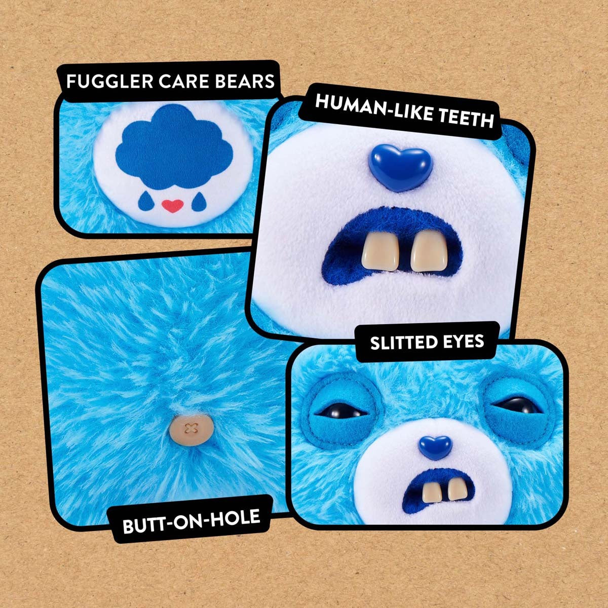 Close up of features for the Fuggler x Care Bears Grumpy Bear plush