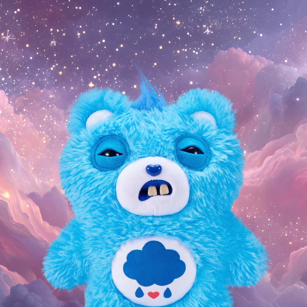 Fuggler x Care Bears Grumpy Bear plush with a stormy night background