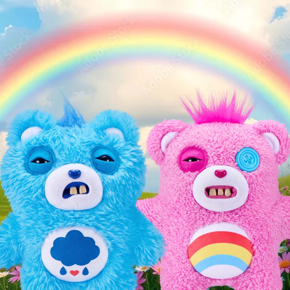 Fuggler x Care Bears Grumpy Bear plush and Cheer Bear with a rainbow background