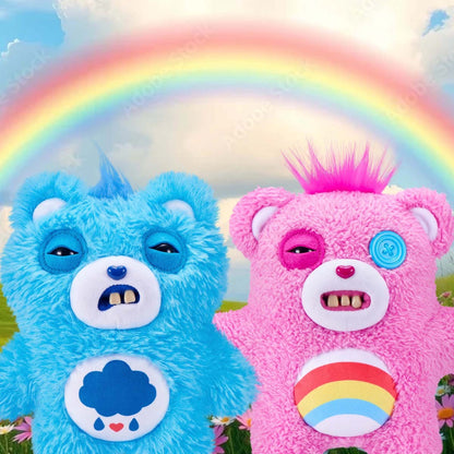 Fuggler x Care Bears Grumpy Bear plush and Cheer Bear with a rainbow background