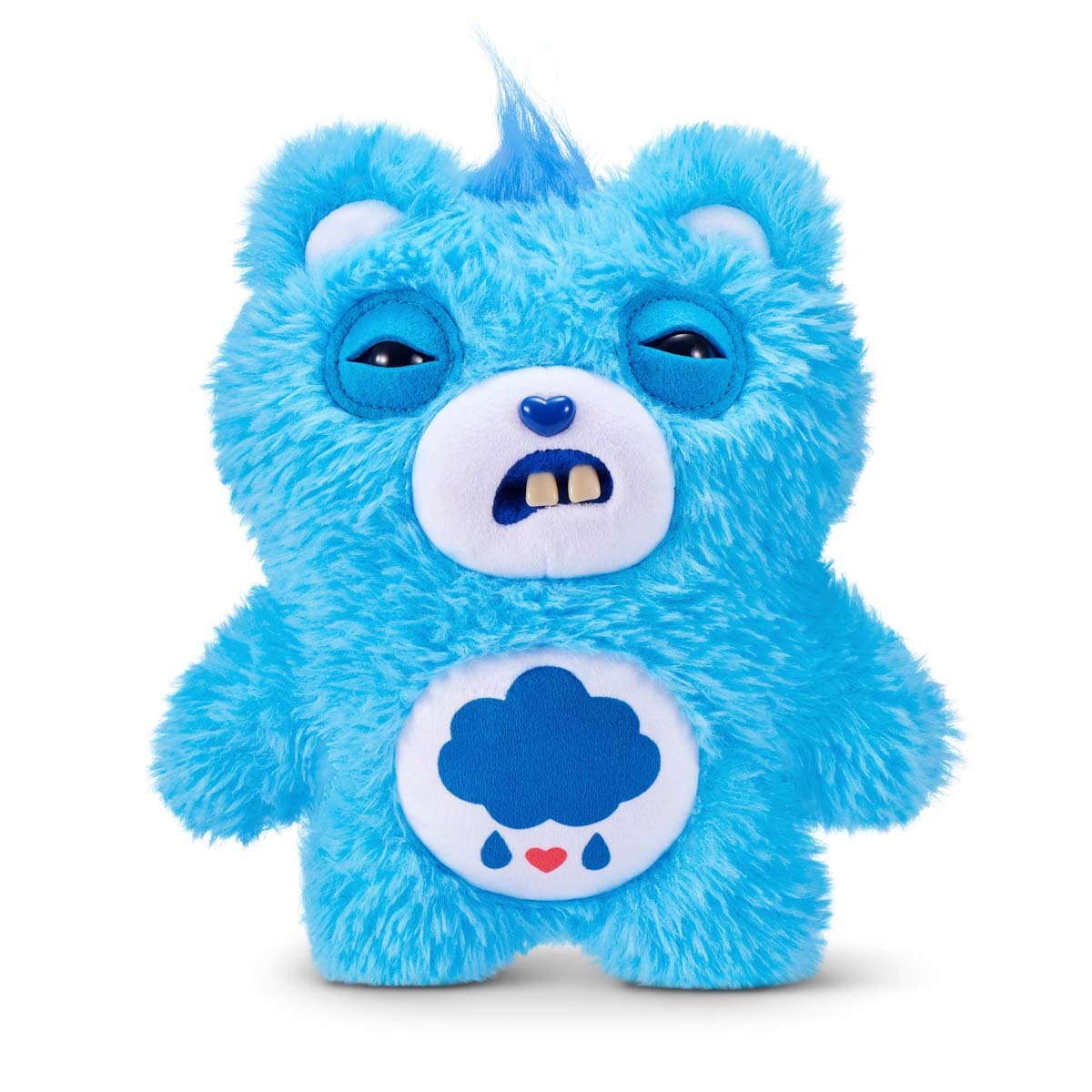 Fuggler x Care Bears Grumpy Bear plush, a blue bear with human-like teeth, heavy-lidded eyes, and a raincloud belly badge.
