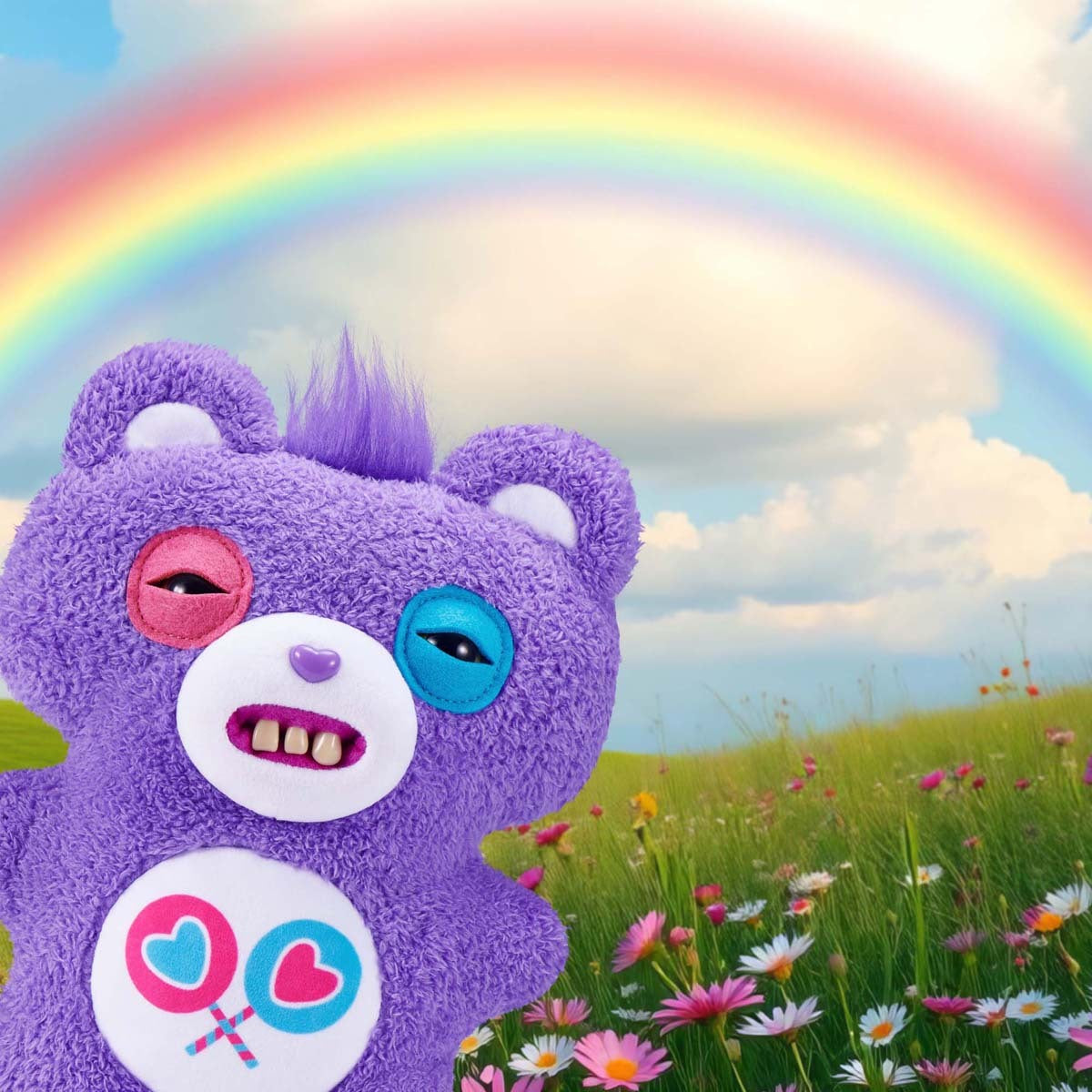 Fuggler x Care Bears Share Bear plush in a field with a rainbow in the background