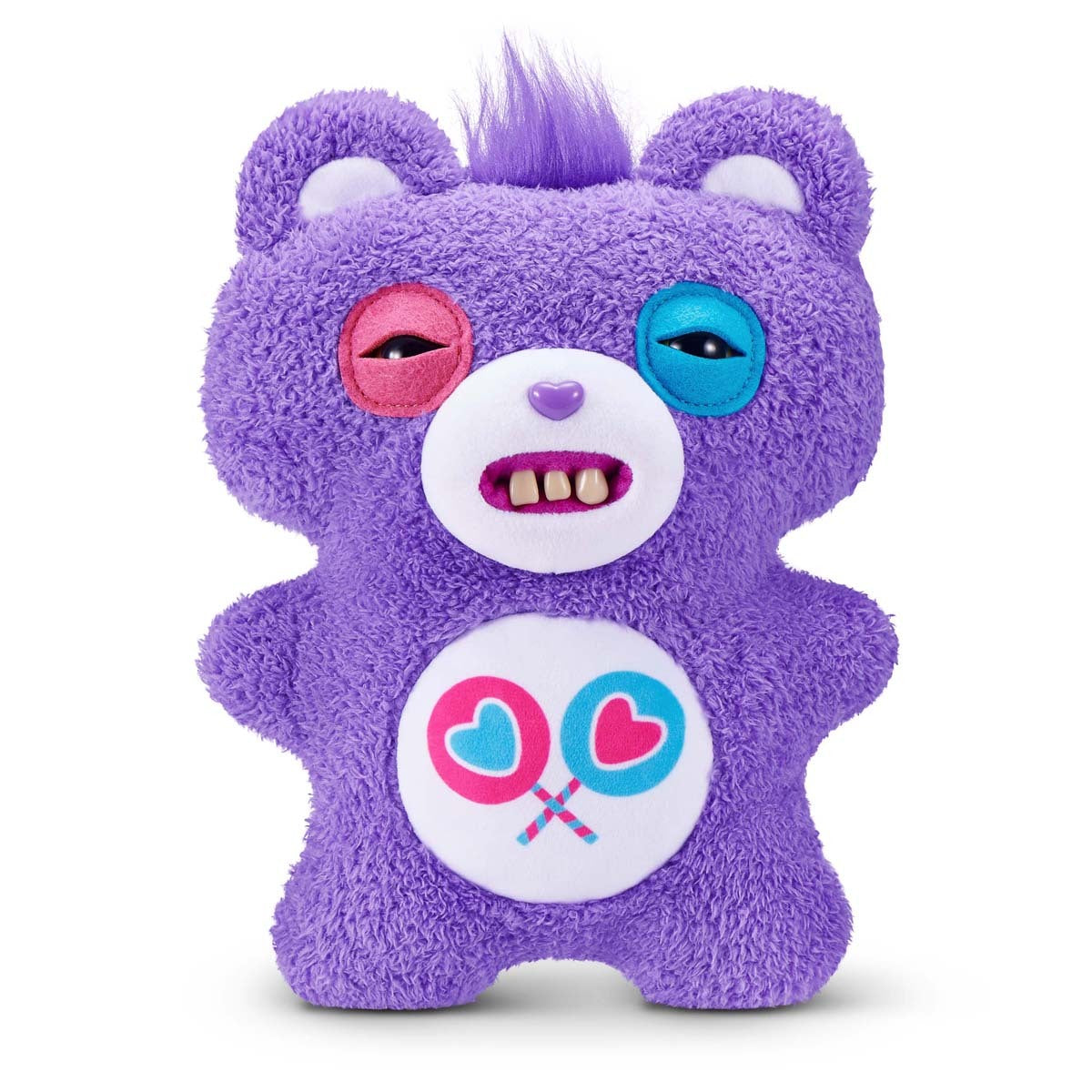 Fuggler x Care Bears Share Bear plush, a purple bear with human-like teeth, mismatched eyes, and a lollipop belly badge.